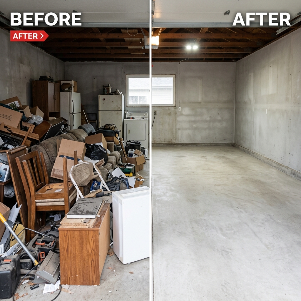 Garage cleanout before and after — Mesa AZ junk removal